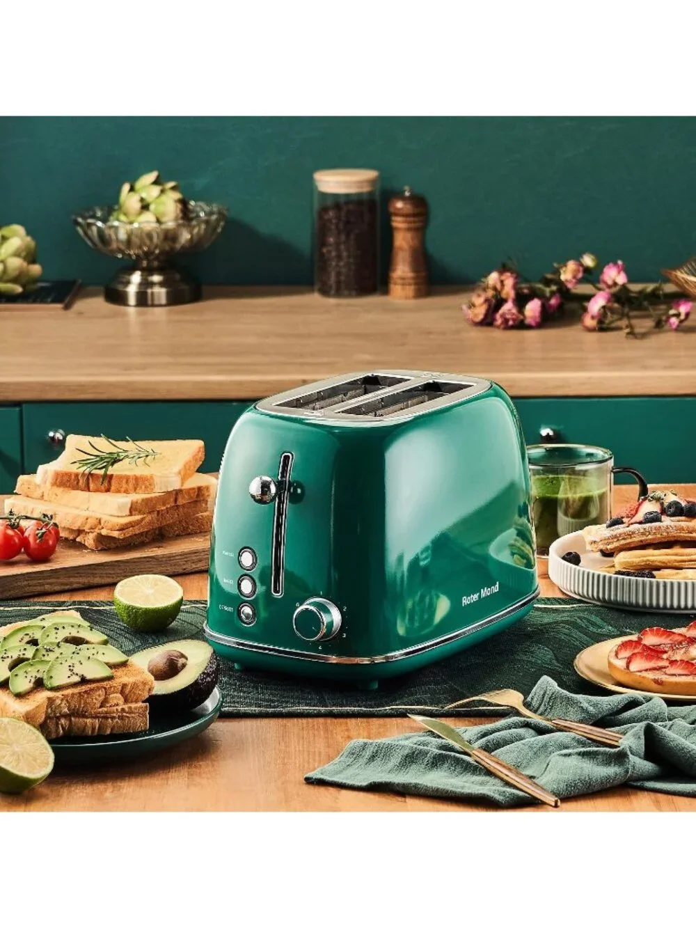 2 Slice Green Toaster Retro Stainless Steel with Bagel Defrost Functions Toaster